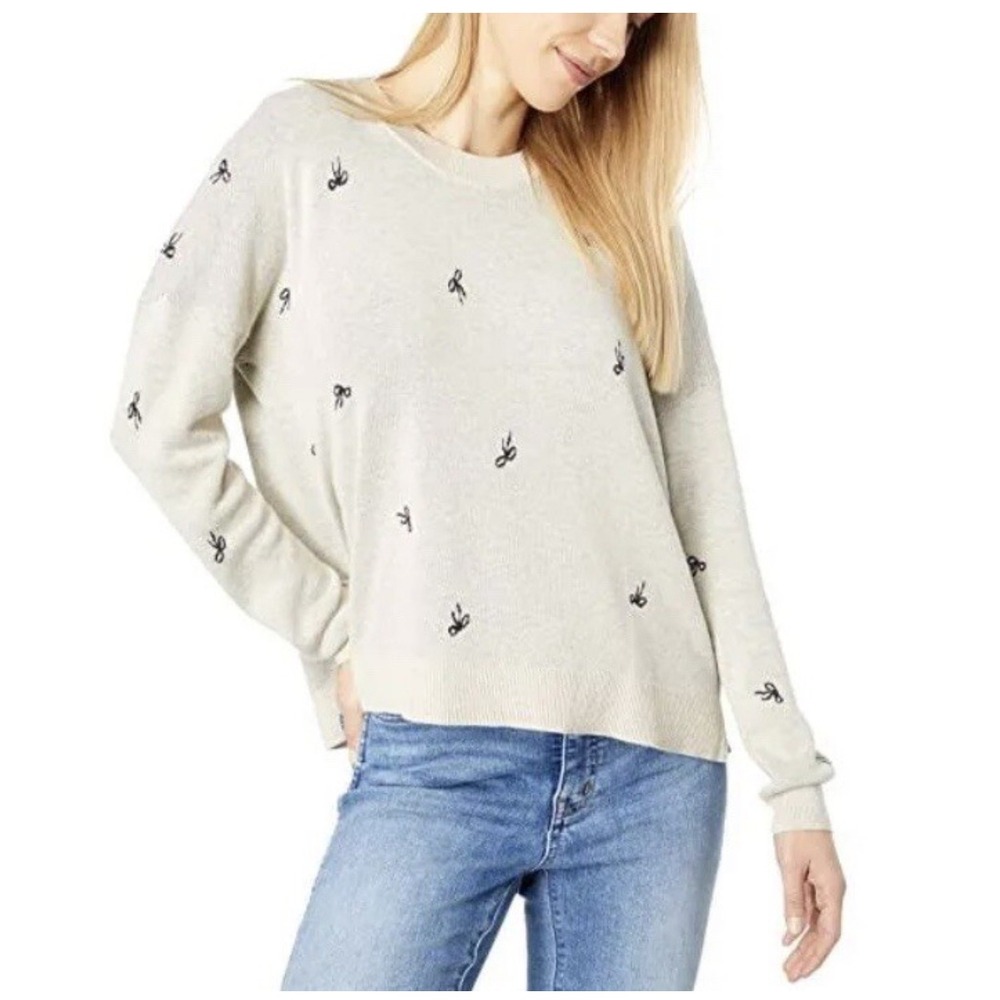 Madewell Womens Gray Bow Embroidered Crew Neck Long Sleeve‎ Sweater